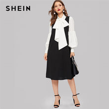 Load image into Gallery viewer, SHEIN Bow Tie Neck Bishop Sleeve White Top With A-Line Black Dress Women Elegant Two Pieces Sets 2019 Spring Plain Skirt Set
