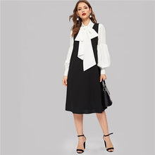 Load image into Gallery viewer, SHEIN Bow Tie Neck Bishop Sleeve White Top With A-Line Black Dress Women Elegant Two Pieces Sets 2019 Spring Plain Skirt Set